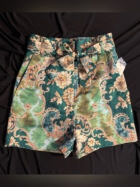 Marciano High-Waist Floral Paisley Shorts in Green and Gold